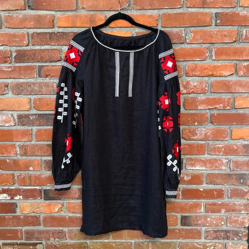Bohemian Embroidered Linen Blend Dress with Pockets
